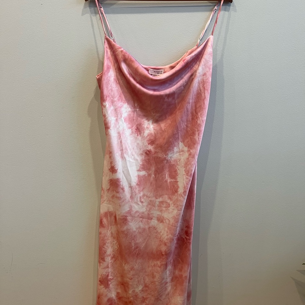 Pink Tie Dye Midi Slip Dress with Cowl Neckline and Adjustable Straps